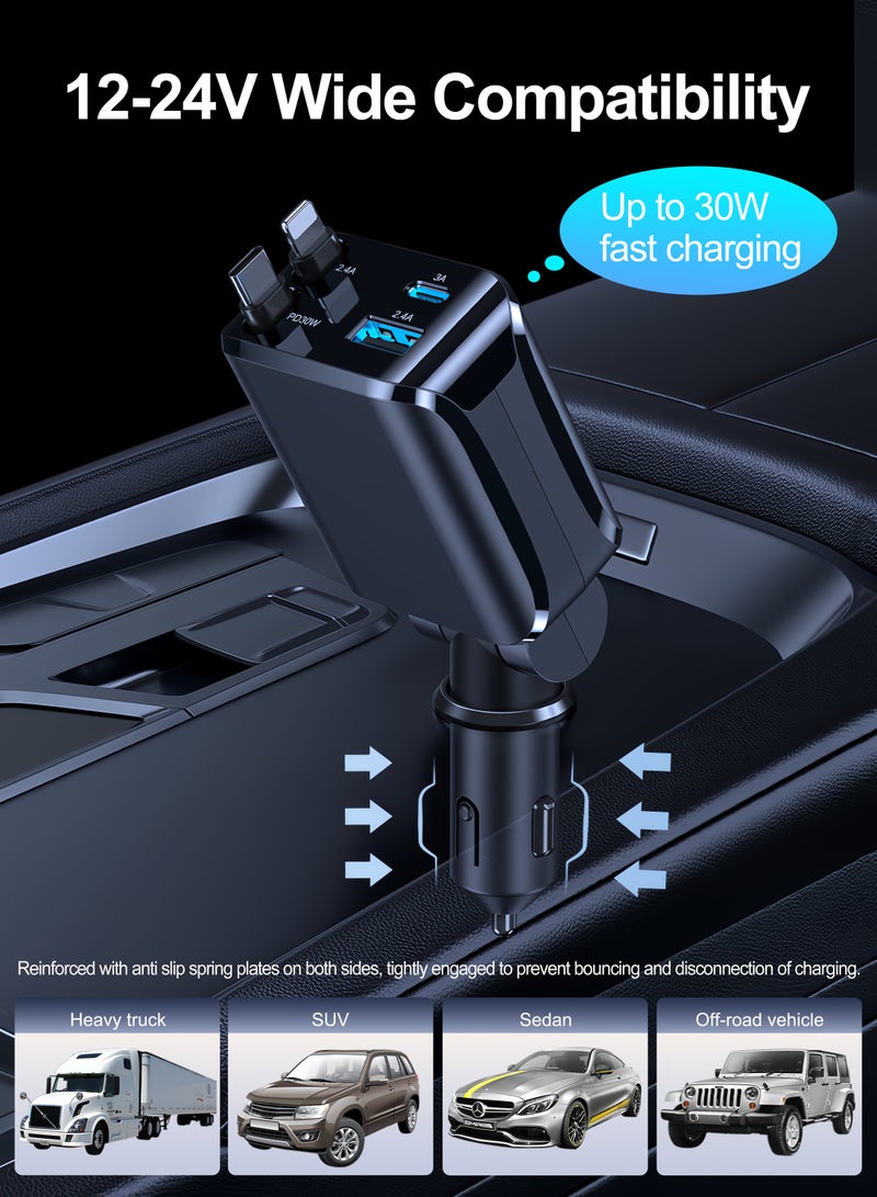 شاحن سيارة سريع، كابل Type-C وLightning قابل للسحب، متوافق مع واجهات ولاعة السجائر 12 فولت و24 فولت، زاوية قابلة للتعديل، USB وPD Type-C، مناسب لأجهزة iPhone وiPad وSamsung وغيرها من هواتف Android - Image 2