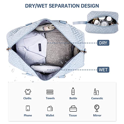 BAVERGE حقيبة دفل نهاية الأسبوع للصالات الرياضية والسفر مع قسم للأحذية للنساء حقيبة حمل لليلة واحدة مع حقيبة مستشفى، حقيبة مستحضرات التجميل، جيب مبلل للولادة والتسليم باللون الأزرق - Image 4