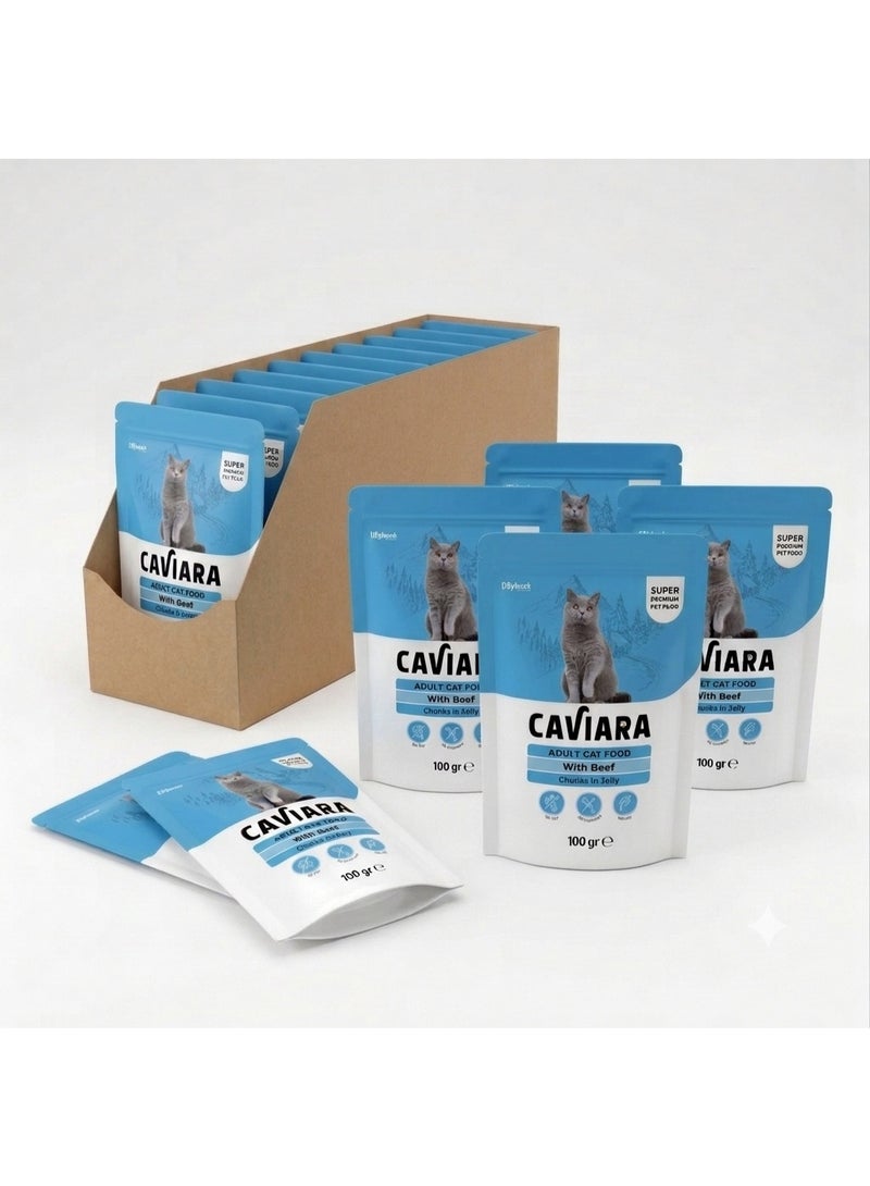 Caviara Pouch for Adult Cats  wit Beef  Chunks in Jelly 20 x 100gr