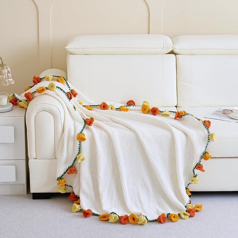 Longhui bedding بطانية الزهرة البرتقالية الملونة، بطانية دائرية عملاقة ناعمة مصنوعة من مادة الشينيل (بيج، 60 بوصة) - Image 3