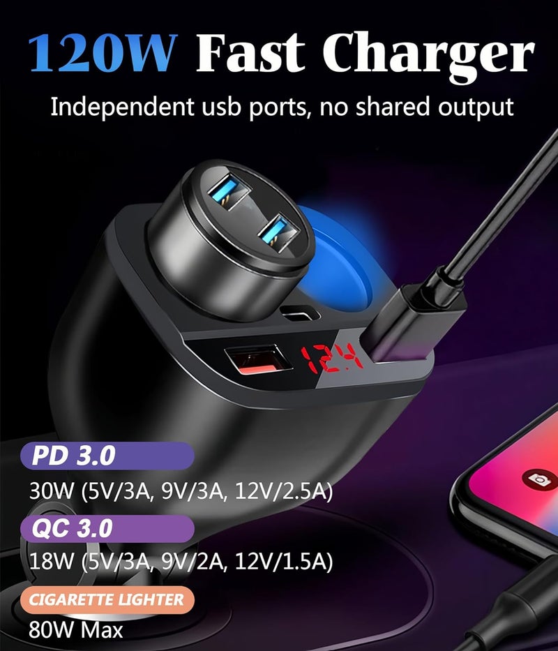 YIMI Car Cigarette Lighter Adapter, 120W 2 Socket Cigarette Lighter Splitter with LED Voltmeter, 18W QC & 30W USB C Fast Charging Ports, 12V Car Plug Splitter Phone Charger with Multi Power Outlet, TR-22P - Image 3