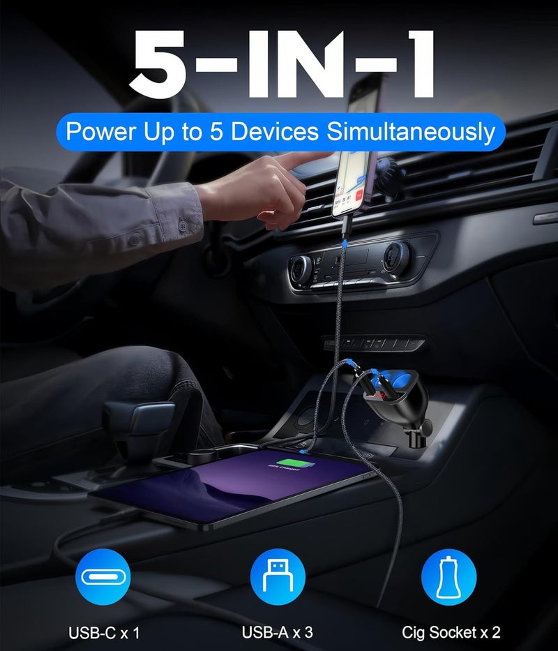YIMI Car Cigarette Lighter Adapter, 120W 2 Socket Cigarette Lighter Splitter with LED Voltmeter, 18W QC & 30W USB C Fast Charging Ports, 12V Car Plug Splitter Phone Charger with Multi Power Outlet, TR-22P - Image 2