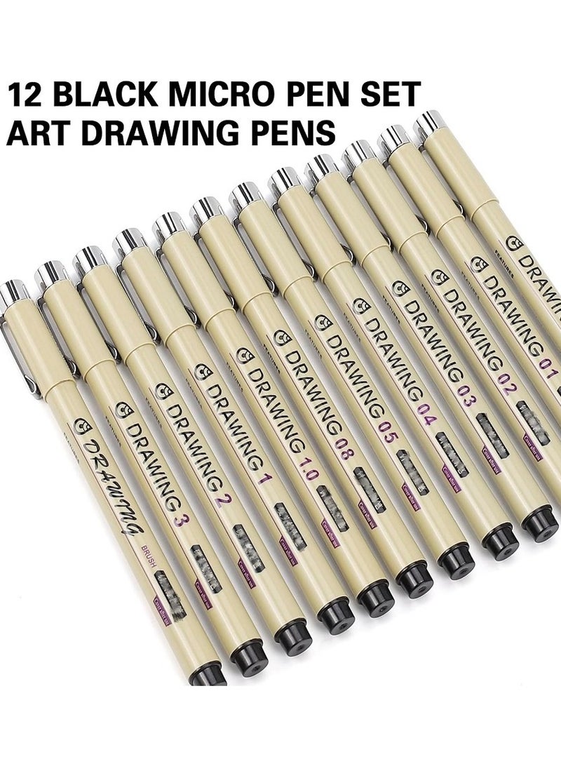 أقلام رسم فنية دقيقة، 12 قلم حبر أسود مقاوم للماء، لوازم فنية، أقلام تلوين أرشيفية، أقلام تخطيط، مخططات، هدايا أنمي، رسم مانجا، ألوان مائية، أدوات زينتانجل - Image 3