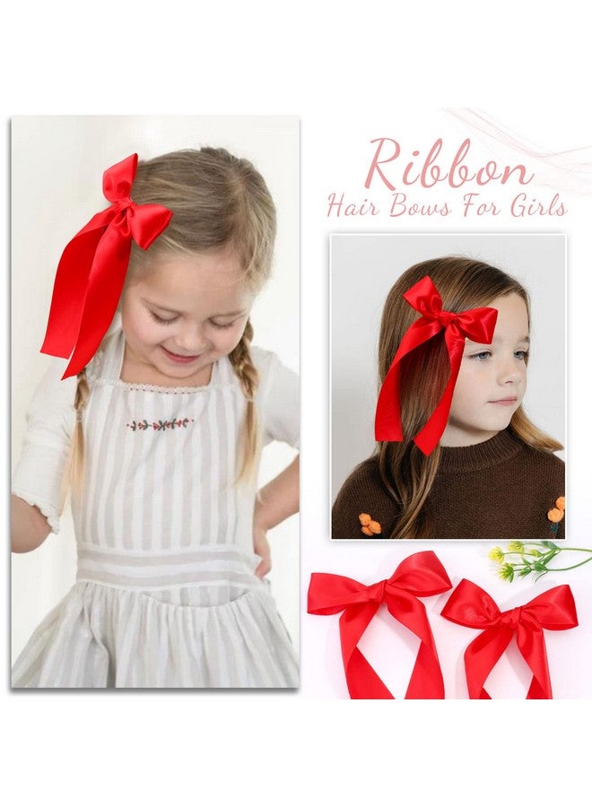 NCMAMA 2Pcs Long Ribbon Hair Bows for Girls Hair Clip Silk Hair Bow Ribbon Hair Accessories for Baby Toddlers Infant Teens Kids (Red) - Image 2