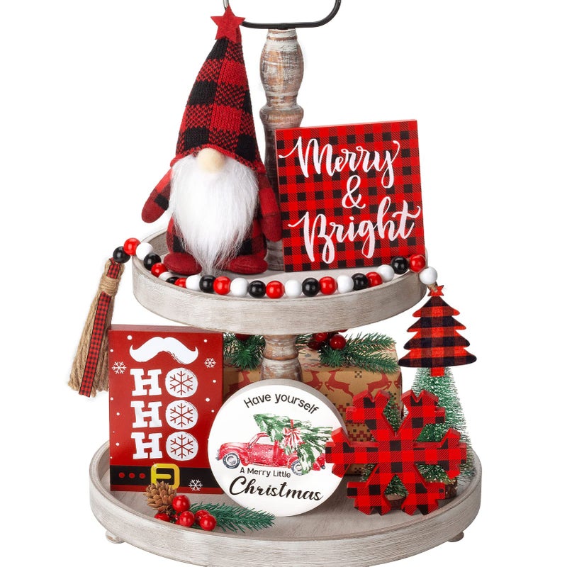 Farmhouse Christmas Tiered Tray Decor  Wooden Signs  Buffalo Plaid Gnomes Plush Set  Kitchen Table Mantel