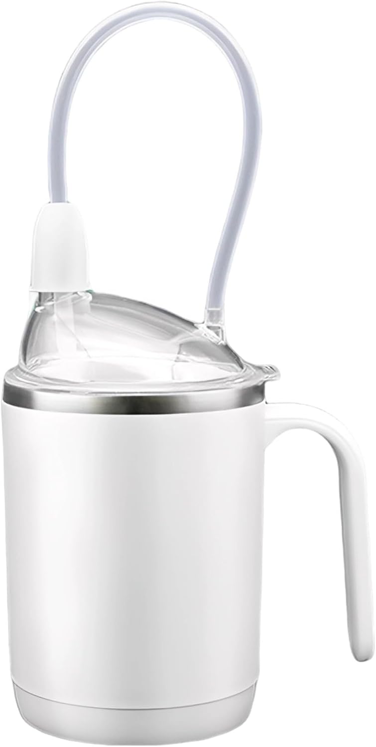 White Sippy Cup For Adults, 15.22 Oz / 450 Ml 3-In-1 Stainless Steel Multifunctional Nursing Cup For Elderly, Includes Two Straws, Spill-Proof With Cleaning Brush - Image 1