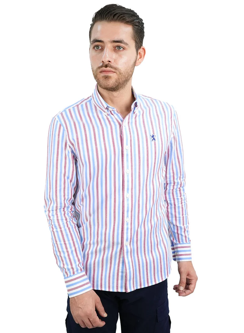 جيوردانو قميص رجالي قطن أكسفورد بتطريز أسد صغير، قصة ضيقة، بأزرار كاملة