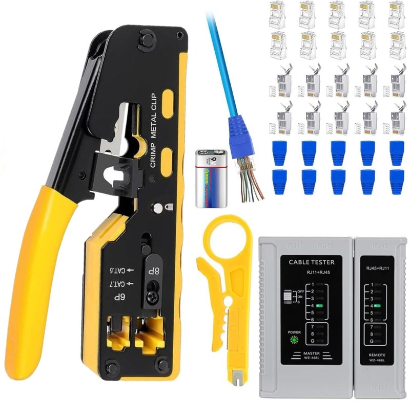 XIKKART RJ45 Crimping Tool Kit, Passthrough Cat7 Cat6A Cat6 Cat5E Cat5 RJ45 Ethernet Crimp Tool with 10PCS Cat7 Pass Through Connectors 10PCS Cat6 Pass Through Connectors 10PCS Covers 1 Network Tester - Image 1