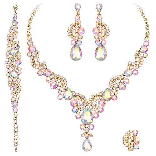 CSY Elegant Iridescent Crystal Necklace Earrings Bracelet Ring Bridal Wedding Costume Jewelry Sets for Brides Women Gifts (Iridescent AB Crystal - Gold tone) - Image 1