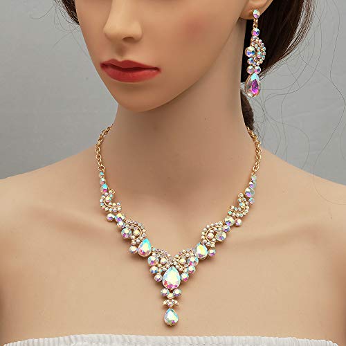CSY Elegant Iridescent Crystal Necklace Earrings Bracelet Ring Bridal Wedding Costume Jewelry Sets for Brides Women Gifts (Iridescent AB Crystal - Gold tone) - Image 4