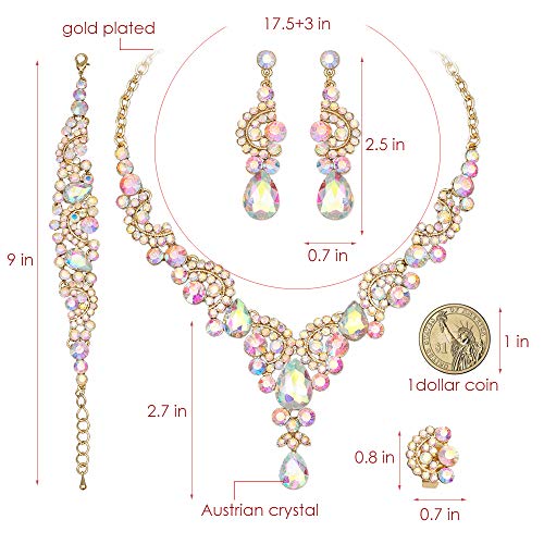CSY Elegant Iridescent Crystal Necklace Earrings Bracelet Ring Bridal Wedding Costume Jewelry Sets for Brides Women Gifts (Iridescent AB Crystal - Gold tone) - Image 2