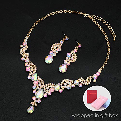 CSY Elegant Iridescent Crystal Necklace Earrings Bracelet Ring Bridal Wedding Costume Jewelry Sets for Brides Women Gifts (Iridescent AB Crystal - Gold tone) - Image 3
