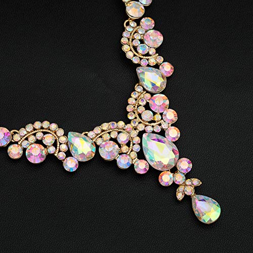CSY Elegant Iridescent Crystal Necklace Earrings Bracelet Ring Bridal Wedding Costume Jewelry Sets for Brides Women Gifts (Iridescent AB Crystal - Gold tone) - Image 5