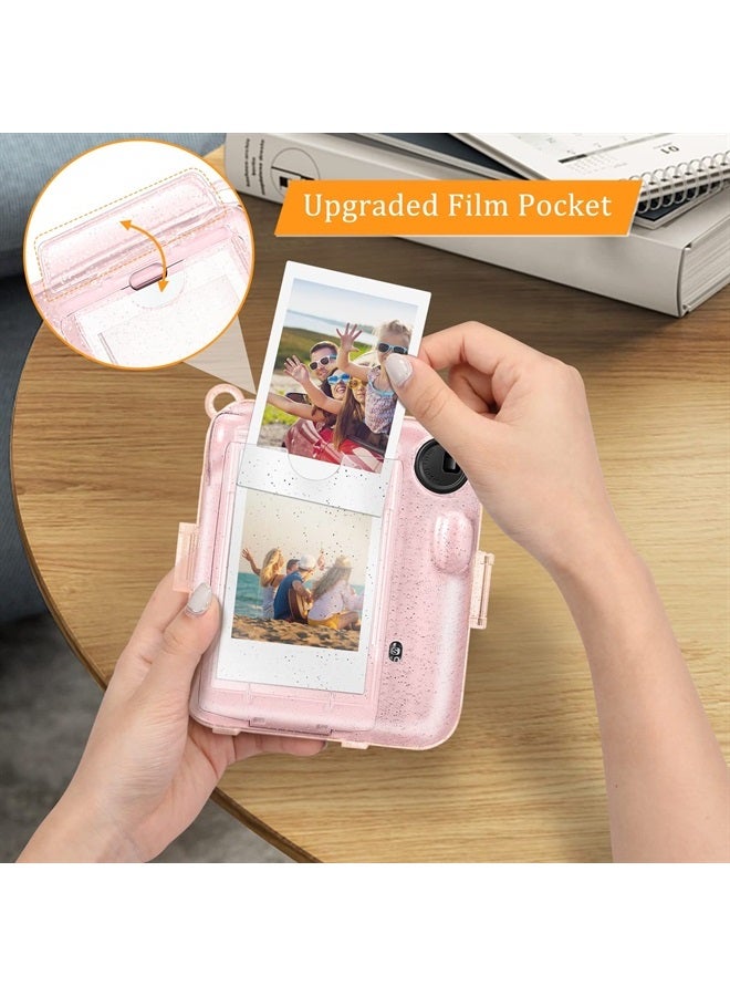 Fintie Protective Clear Case for Fujifilm Instax Mini 12 Instant Camera - Crystal Hard Shell Cover with Upgraded Film Pocket for Storing Photos & Removable Rainbow Shoulder Strap, Glittering Pink - Image 3