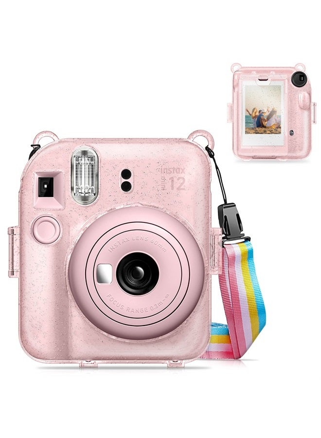 Fintie Protective Clear Case for Fujifilm Instax Mini 12 Instant Camera - Crystal Hard Shell Cover with Upgraded Film Pocket for Storing Photos & Removable Rainbow Shoulder Strap, Glittering Pink - Image 1