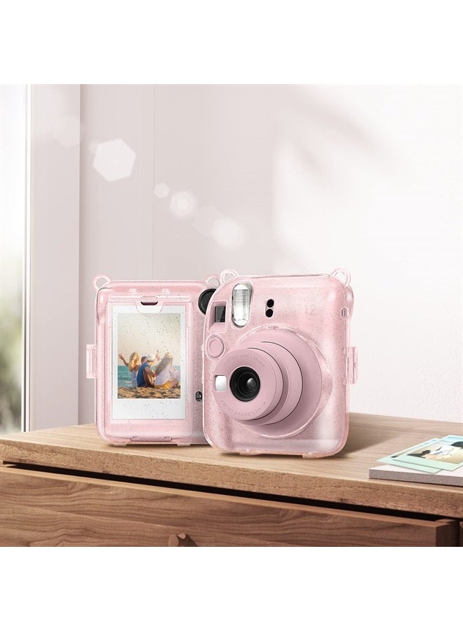 Fintie Protective Clear Case for Fujifilm Instax Mini 12 Instant Camera - Crystal Hard Shell Cover with Upgraded Film Pocket for Storing Photos & Removable Rainbow Shoulder Strap, Glittering Pink - Image 4