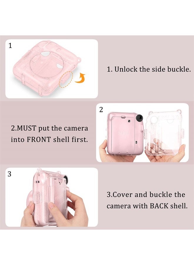 Fintie Protective Clear Case for Fujifilm Instax Mini 12 Instant Camera - Crystal Hard Shell Cover with Upgraded Film Pocket for Storing Photos & Removable Rainbow Shoulder Strap, Glittering Pink - Image 2