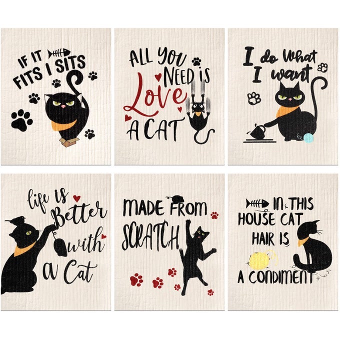 6 PCS FUNNY BLACK CAT SWEDISH KITCHEN DISHCLOTHS REUSABLE SPONGE SWEDISH CLEANING CLOTHS WASHABLE DISH CLOTHS ABSORBENT AND HALLOWEEN DECORATIVE KITCHEN TOWELS HOUSEWARMING GIFT FOR BATHROOM