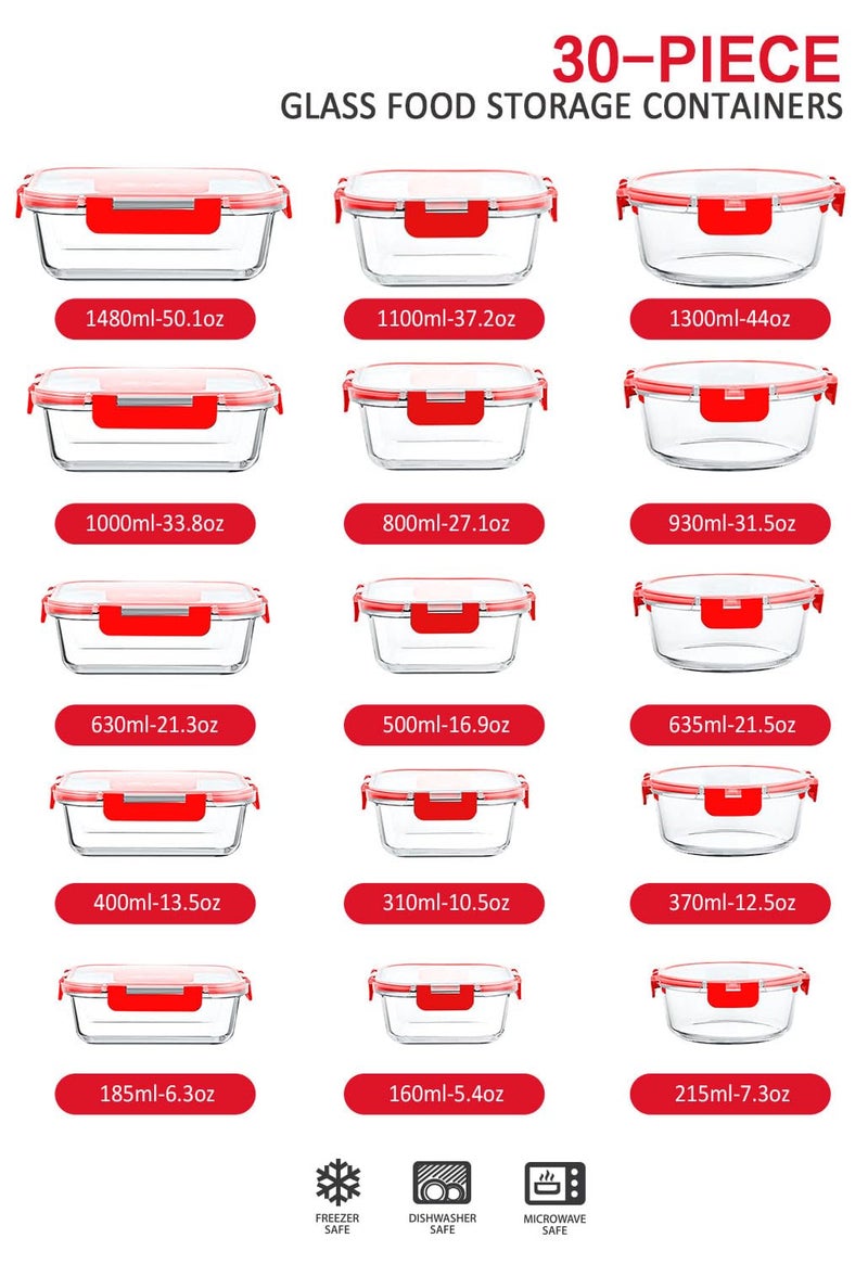 M MCIRCO 30 Pieces Glass Food Storage Containers with Upgraded Snap Locking Lids,Glass Meal Prep Containers Set - Airtight Lunch Containers, Microwave, Oven, Freezer and Dishwasher Friendly, Red - Image 2