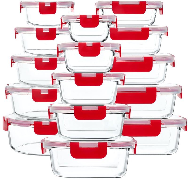 M MCIRCO 30 Pieces Glass Food Storage Containers with Upgraded Snap Locking Lids,Glass Meal Prep Containers Set - Airtight Lunch Containers, Microwave, Oven, Freezer and Dishwasher Friendly, Red - Image 1