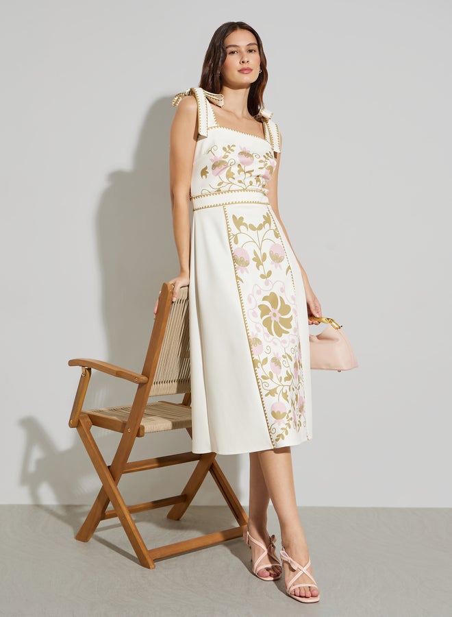White Floral Midi Dress with Tie-Strap
