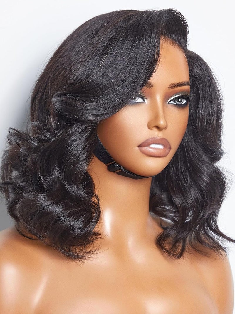 LUVME HAIR 12 Inch Light Yaki Loose Wave Wig Gorgeous Human Hair Undetectable HD Lace Glueless Bob Wigs Human Hair Pre Plucked Pre Cut Lace Wig Short Natural Black Wig