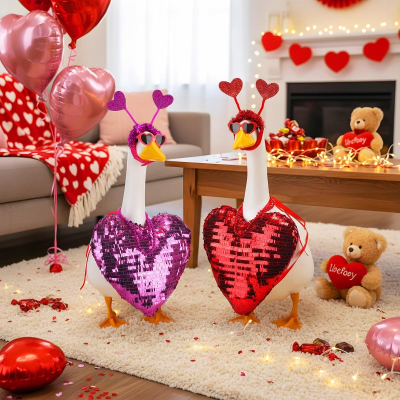 Abbylike 2 Sets Valentine's Day Porch Goose Outfits Love Heart Yard Goose Clothes Costume Fits Large 23'' Cement for Garden Yard Statue Pathway Decorations - Image 2