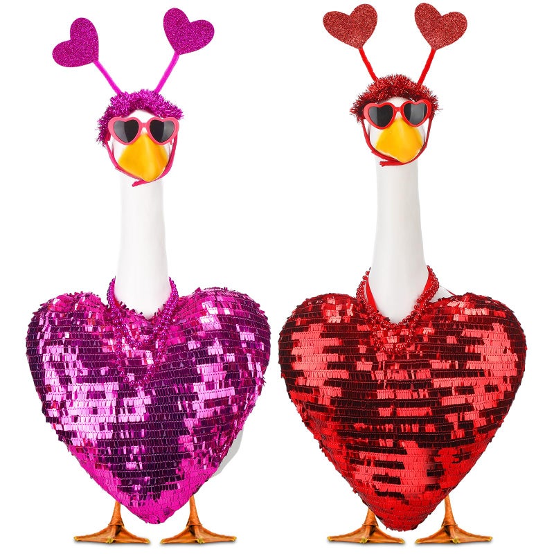 Abbylike 2 Sets Valentine's Day Porch Goose Outfits Love Heart Yard Goose Clothes Costume Fits Large 23'' Cement for Garden Yard Statue Pathway Decorations - Image 1