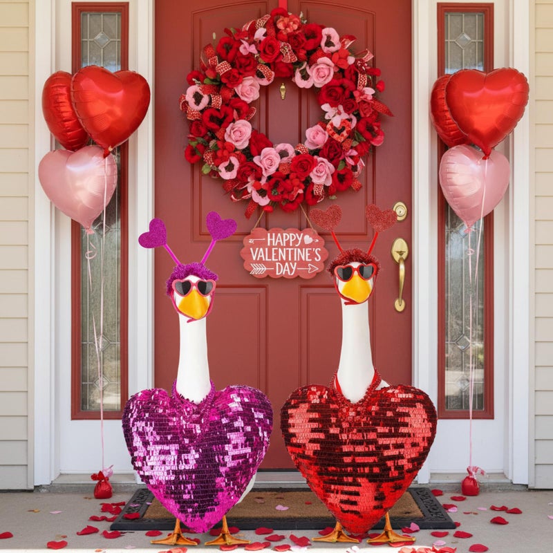 Abbylike 2 Sets Valentine's Day Porch Goose Outfits Love Heart Yard Goose Clothes Costume Fits Large 23'' Cement for Garden Yard Statue Pathway Decorations - Image 4