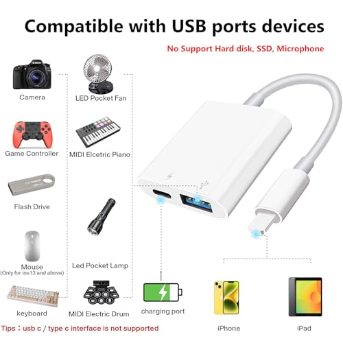 Cirafon Lightning to USB Camera Adapter with Charging Port for iPhone Portable USB 3.0 Female OTG Cable for iPad to Connect Card Reader USB Flash Drive U Disk Microphone Keyboard Mouse Hubs Midi - Image 2