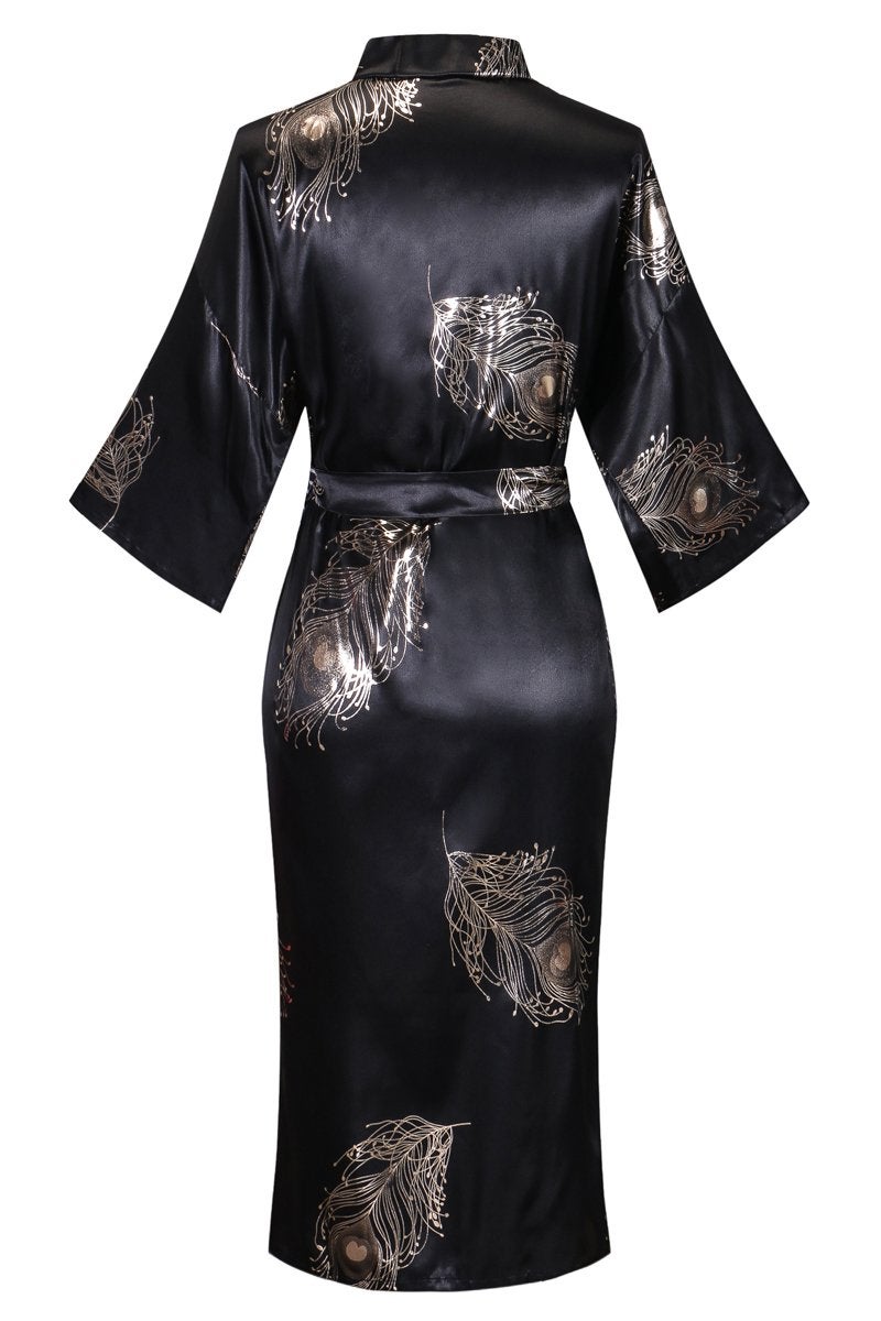 DandyChic Women's Long Floral Satin Robes Imitation Silk Sleepwear Bridal Dressing Gown for Bridesmaid Nightgown Color: Golden Flower Size:  Small Small - Image 2