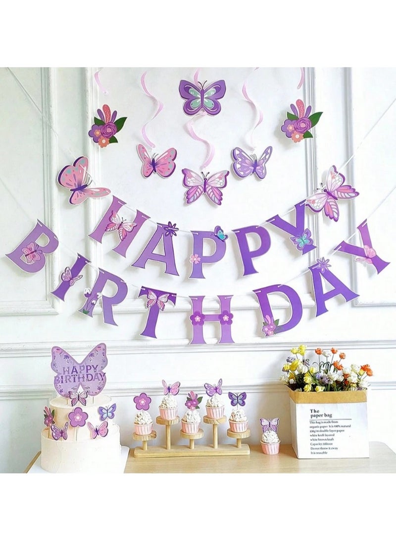 Butterfly & Floral Birthday Decoration Set – 20Pcs Party Kit with Banner, Hanging Swirls & Cake Toppers  - Image 1