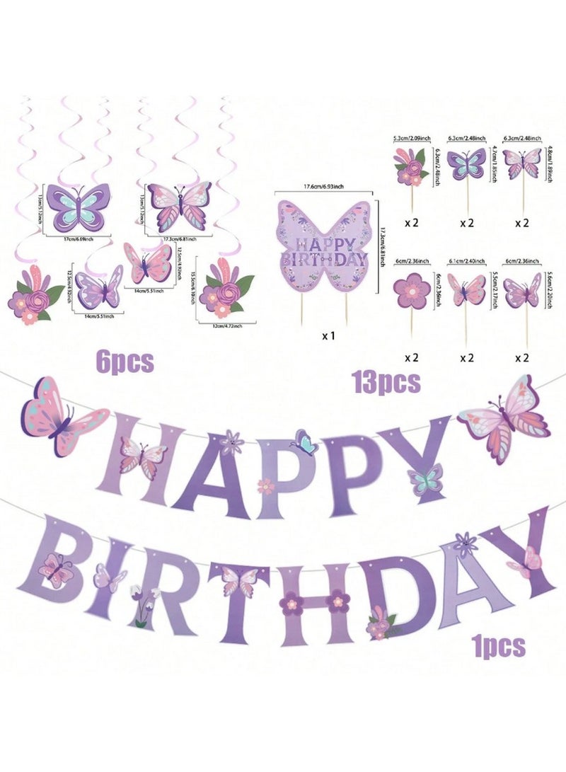 Butterfly & Floral Birthday Decoration Set – 20Pcs Party Kit with Banner, Hanging Swirls & Cake Toppers  - Image 2