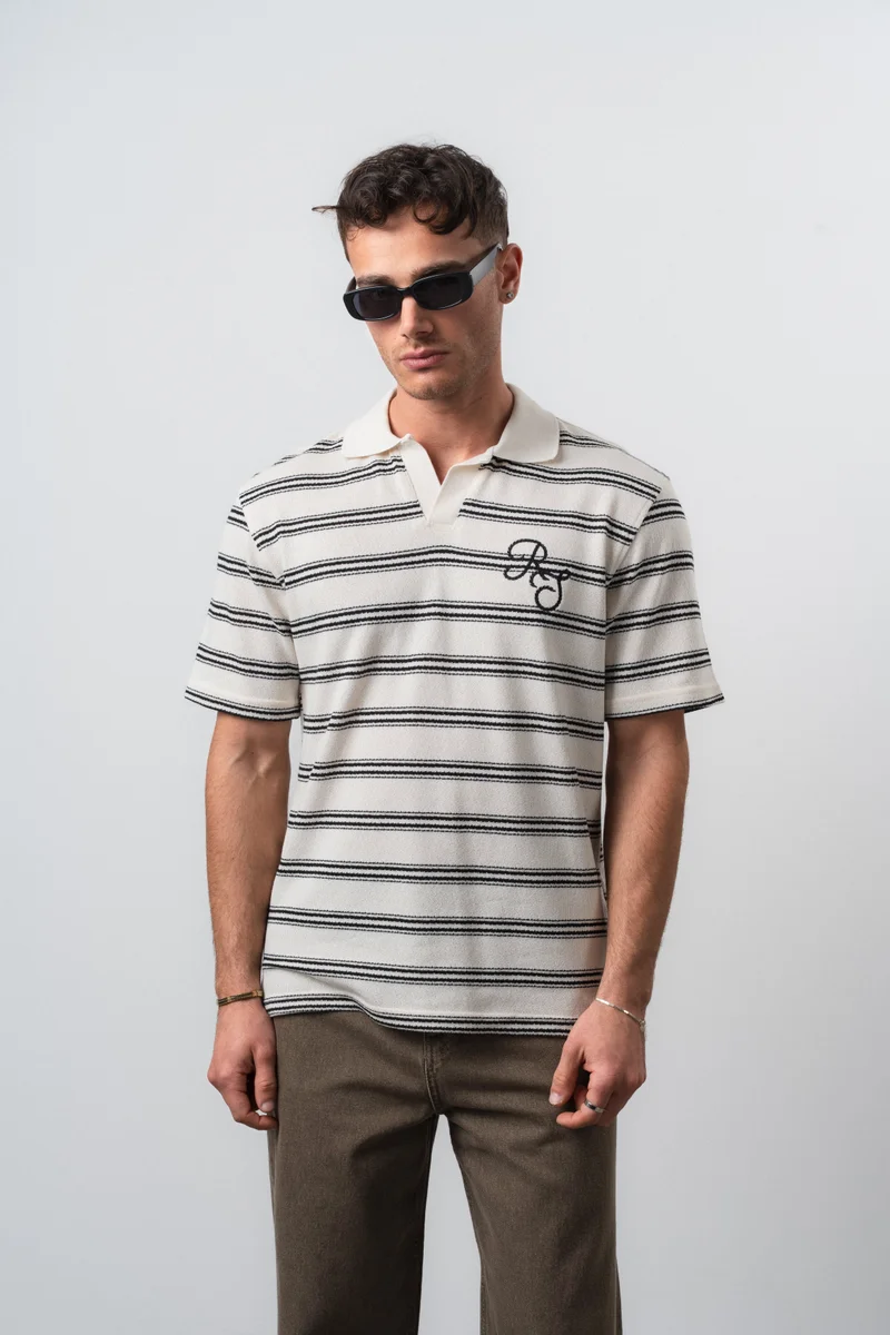 Respire Men's RS Embroidered Striped Polo Collar Regular Fit T-Shirt, Brown
