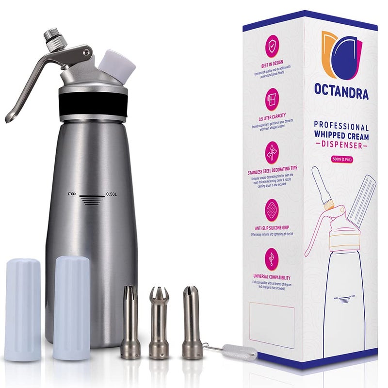 OCTANDRA موزع كريمة مخفوقة احترافي من أوكتاندرا – علبة كريمة ألمنيوم سعة 1 باينت - جهاز خفق - صانع كريمة مخفوقة مع 3 رؤوس من الفولاذ المقاوم للصدأ، 2 حامل شاحن، فرشاة وغطاء تخزين - Image 1