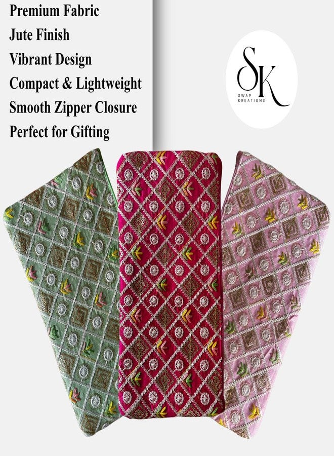 SwapKreations Premium Embellished Ethnic Design Zipper Pouch | Magenta, Baby Pink, Pista Green | Set of 3 | Ethnic Wedding Gift, Makeup, Coin & Travel Organizer - Image 4