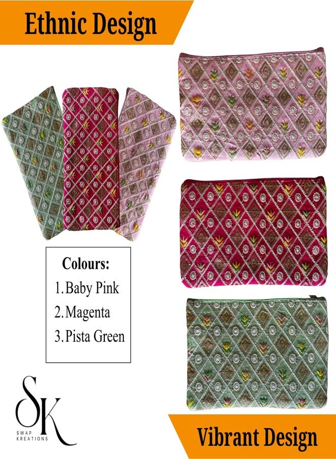 SwapKreations Premium Embellished Ethnic Design Zipper Pouch | Magenta, Baby Pink, Pista Green | Set of 3 | Ethnic Wedding Gift, Makeup, Coin & Travel Organizer - Image 2