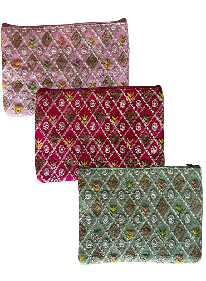 SwapKreations Premium Embellished Ethnic Design Zipper Pouch | Magenta, Baby Pink, Pista Green | Set of 3 | Ethnic Wedding Gift, Makeup, Coin & Travel Organizer - Image 1