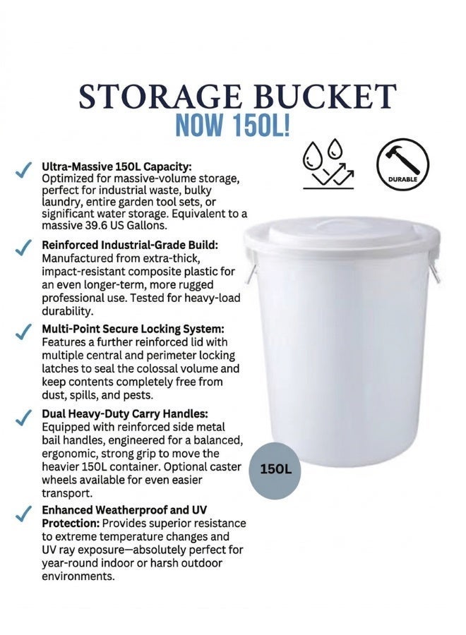 Marcolo 150L Extra-Large Heavy-Duty Plastic Storage Bucket with Secure Lid & Handles – White – Durable Multi-Purpose Bin for Household & Commercial Use - Image 4