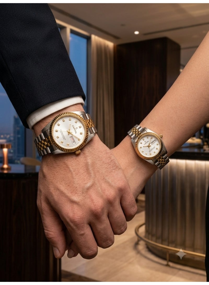 CAPITAL ​Capital Luxury Couple Watch Set - Two-Tone Gold & Silver Stainless Steel Analog Watches for Men & Women - Image 3