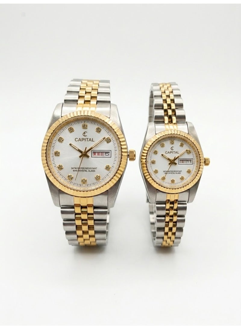 CAPITAL ​Capital Luxury Couple Watch Set - Two-Tone Gold & Silver Stainless Steel Analog Watches for Men & Women - Image 1