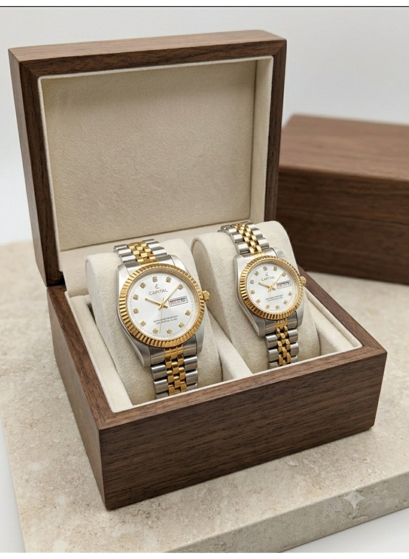 CAPITAL ​Capital Luxury Couple Watch Set - Two-Tone Gold & Silver Stainless Steel Analog Watches for Men & Women - Image 2