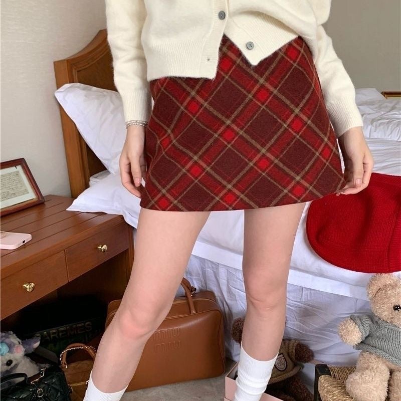 Vintage Woolen Red Plaid Skirt Women'S High Waist Elegant Girl Skirt A- Line Hip Skirt - Image 2
