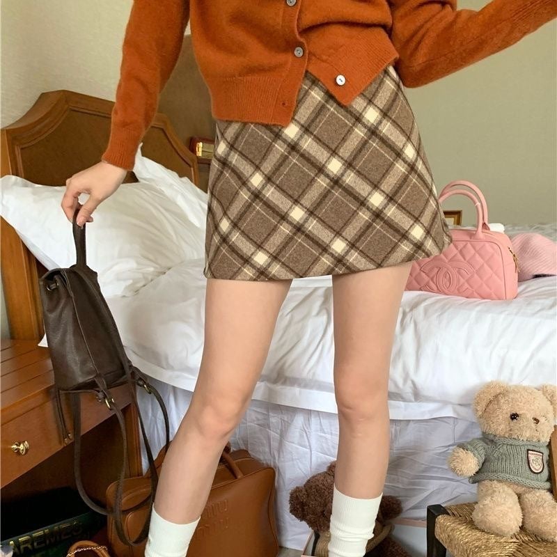Vintage Woolen Red Plaid Skirt Women'S High Waist Elegant Girl Skirt A- Line Hip Skirt - Image 4