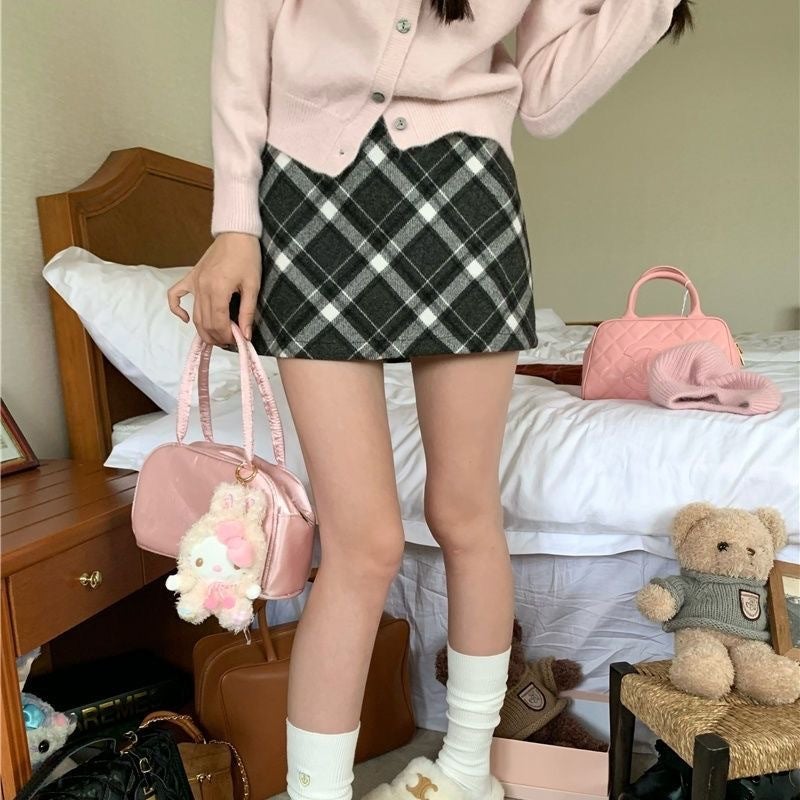 Vintage Woolen Red Plaid Skirt Women'S High Waist Elegant Girl Skirt A- Line Hip Skirt - Image 3