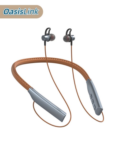 Neckband Bluetooth headphones, wireless earbuds, with microphone, waterproof sports earbuds, noise-canceling earbuds, ultra-long battery life, suitable for running and cycling (brown).
