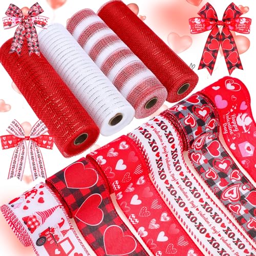 Yuefunny 10 Pcs Valentine's Day Ribbon Including 4 Rolls Mesh Ribbon and 6 Rolls Heart Gnome Truck Wired Edge Wreath Metallic Wreath Wrapping Crafts for Valentine's Day Party Home Decorative DIY Craft - Image 1
