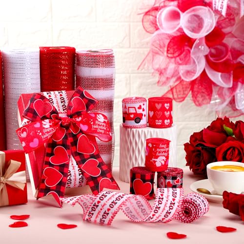 Yuefunny 10 Pcs Valentine's Day Ribbon Including 4 Rolls Mesh Ribbon and 6 Rolls Heart Gnome Truck Wired Edge Wreath Metallic Wreath Wrapping Crafts for Valentine's Day Party Home Decorative DIY Craft - Image 3