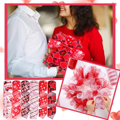 Yuefunny 10 Pcs Valentine's Day Ribbon Including 4 Rolls Mesh Ribbon and 6 Rolls Heart Gnome Truck Wired Edge Wreath Metallic Wreath Wrapping Crafts for Valentine's Day Party Home Decorative DIY Craft - Image 5