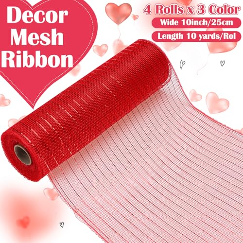 Yuefunny 10 Pcs Valentine's Day Ribbon Including 4 Rolls Mesh Ribbon and 6 Rolls Heart Gnome Truck Wired Edge Wreath Metallic Wreath Wrapping Crafts for Valentine's Day Party Home Decorative DIY Craft - Image 2